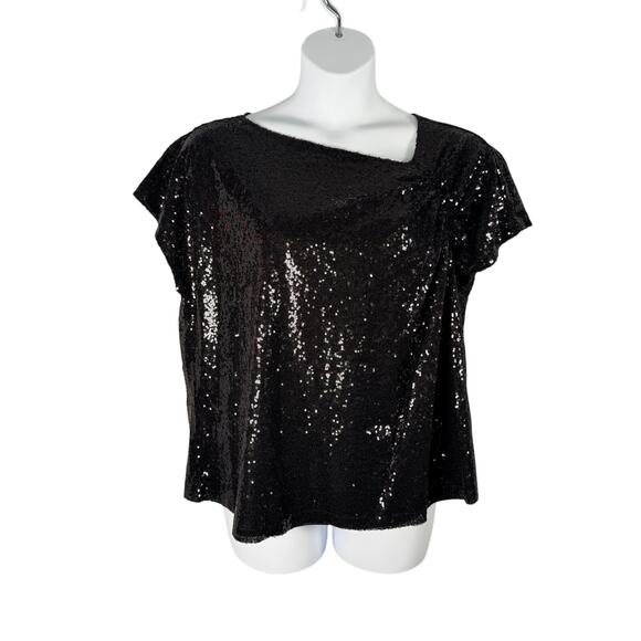 DG2 Diane Gilman Top 1X Black Sequin Cotton Modal Party Formal Asymmetric V-neck - Picture 1 of 11